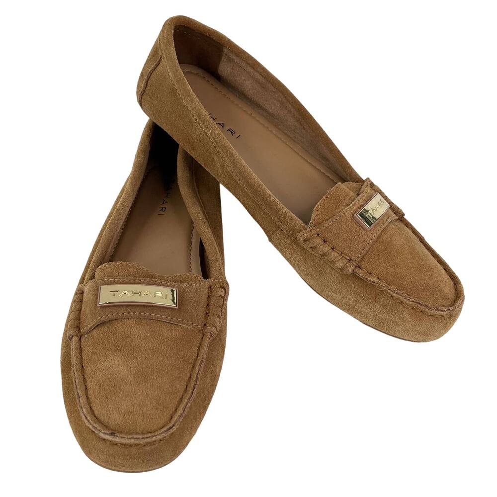 Tahari Marilu Driving Loafers Suede Leather 7.5 Tan Rubber Sole